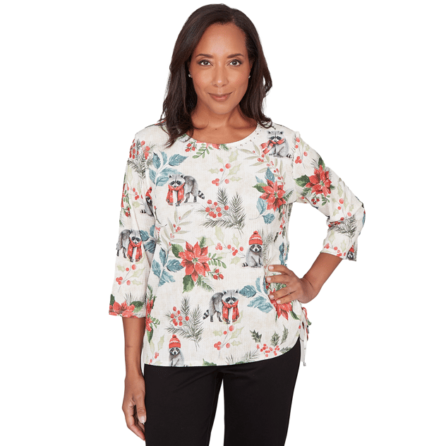 Petite Alfred Dunner Classics Raccoons & Poinsettias Blouse