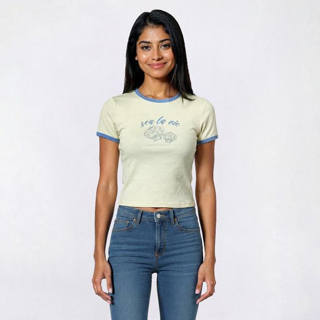 Juniors No Comment Contrast Ribbed Trim Sea La Vie Baby Tee - Sea