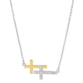 Athra Fine Silver Plated Two-Tone CZ Double Cross Necklace