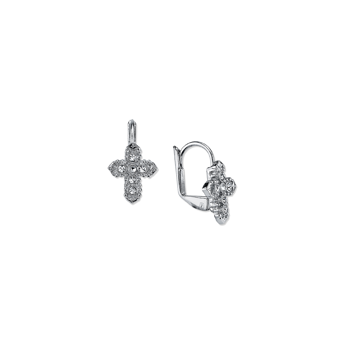 Symbols of Faith Silver Tone Crystal Cross Leverback Earrings