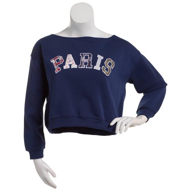 Juniors No Comment Off Shoulder Sweatshirt with Paris Applique