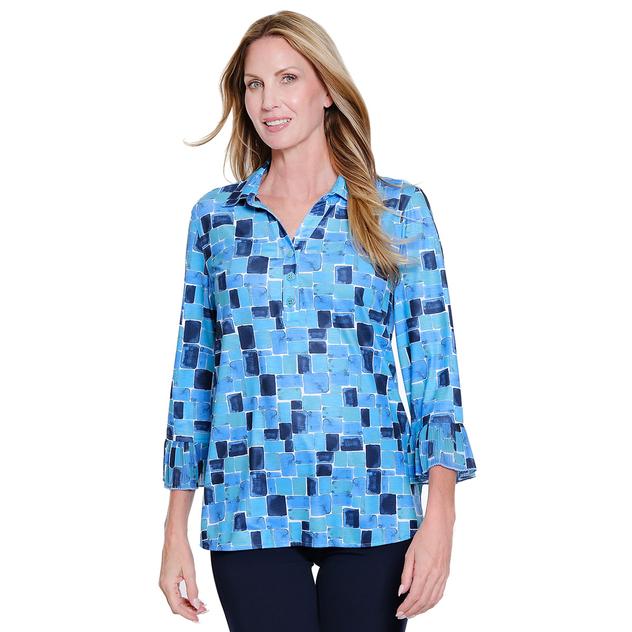 Womens Multiple 3/4 Flounce Sleeve Abstract Squares Blouse
