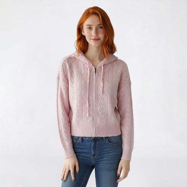 Juniors No Comment Cloud Yarn Pointelle Zip Up Cardigan Hoodie