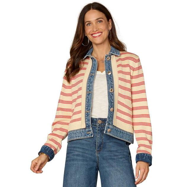 Womens Democracy Button Down Mix Media Sweater Denim Jacket