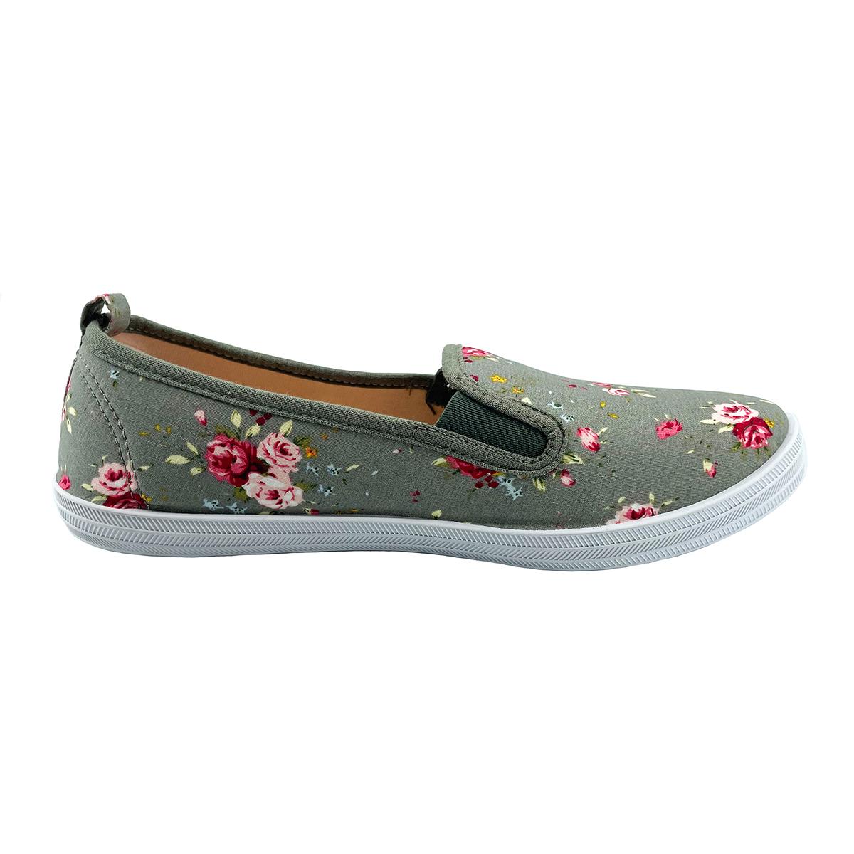Womens Take A Walk Canvas Twin Gore Floral Print Flats - Grey