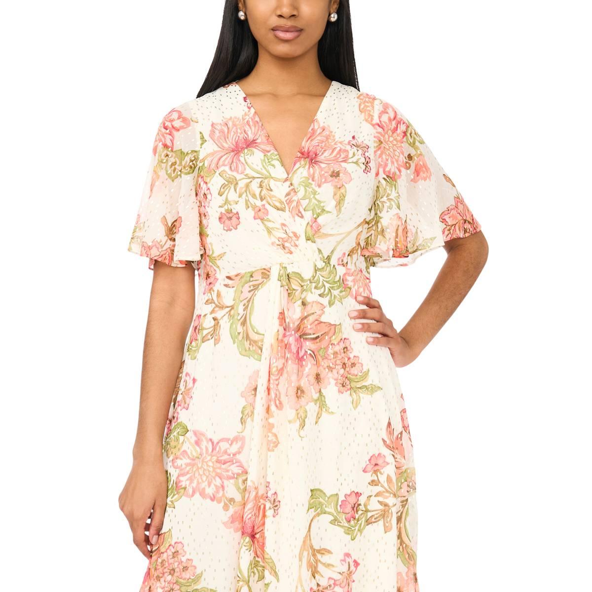 Womens MSK Short Flutter Sleeve Surplice Neck Floral Midi Dress