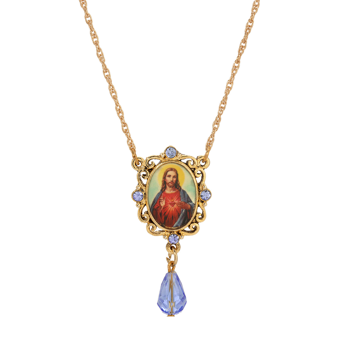 Symbols of Faith Gold Tone Oval Jesus Pendant Blue Bead Necklace