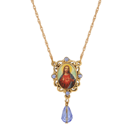 Symbols of Faith Gold Tone Oval Jesus Pendant Blue Bead Necklace