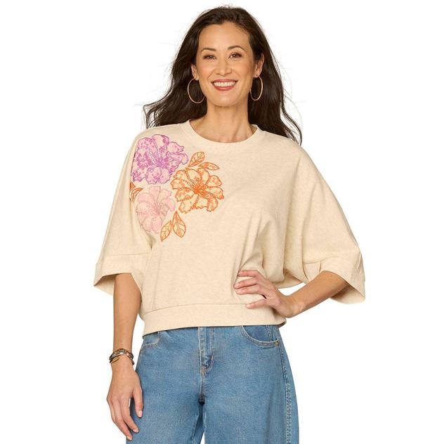 Womens Democracy 3/4 Sleeve Banded Hem Embroidery Sweater