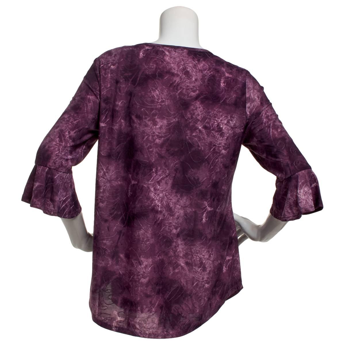 Womens Notations 3/4 Ruffle Sleeve Abstract Keyhole Neck Blouse