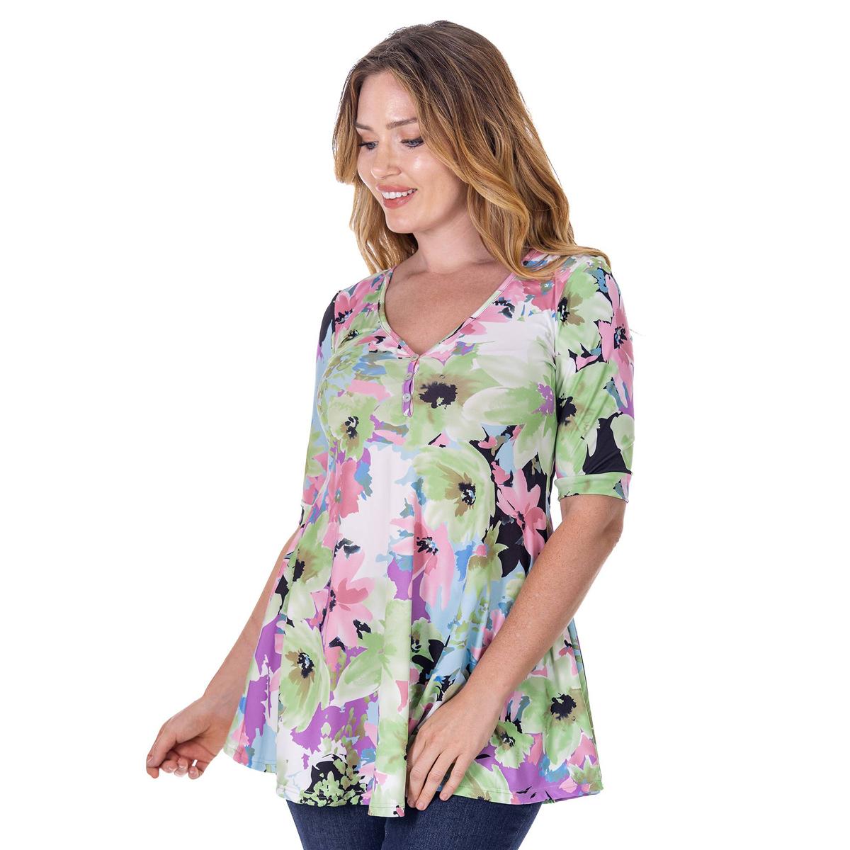 Womens 24/7 Comfort Apparel Floral Elbow Sleeve V-Neck Top