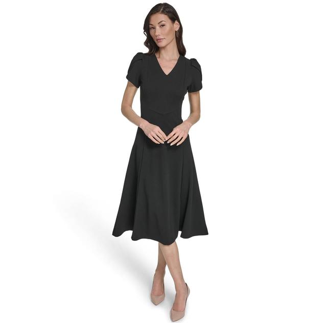 Womens Calvin Klein Puff Sleeve V Neck Crepe A-Line Midi Dress