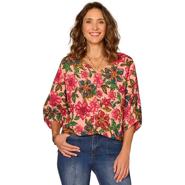 Womens Democracy 3/4 Kimono Sleeve Floral Blouse