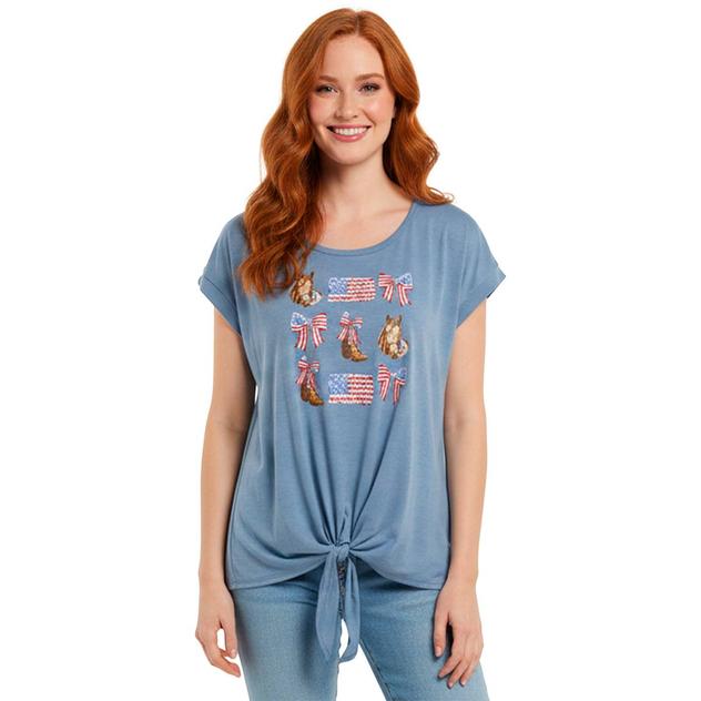 Womens Tru Self Dolman Sleeve Tie Front Americana Country Tee