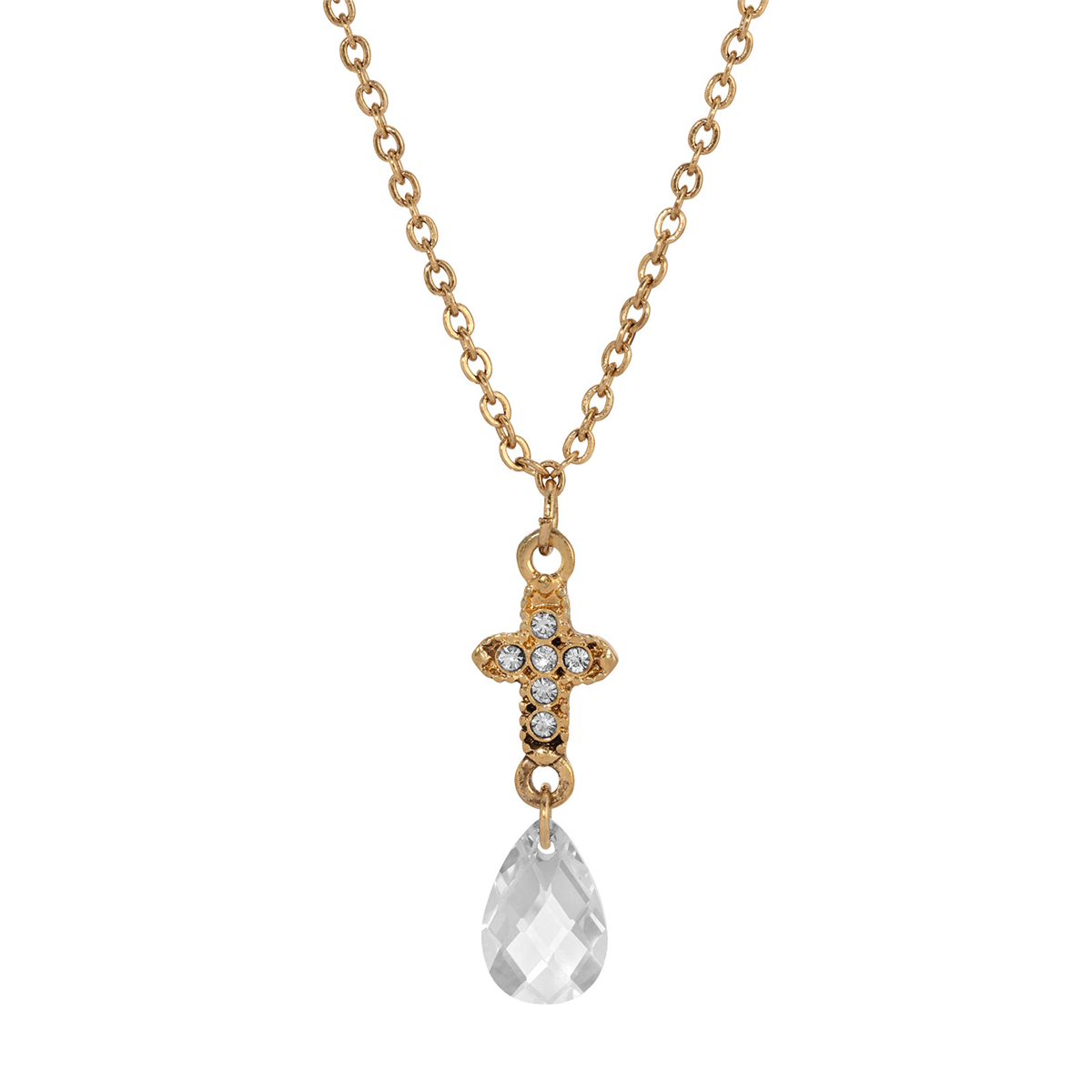 Symbols of Faith Gold Tone Crystal Cross Briolette Drop Necklace
