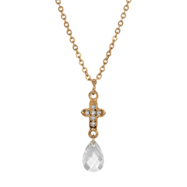 Symbols of Faith Gold Tone Crystal Cross Briolette Drop Necklace