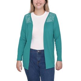 Petite NY Collection Waffle Stitch Lace Inset Open Front Cardigan