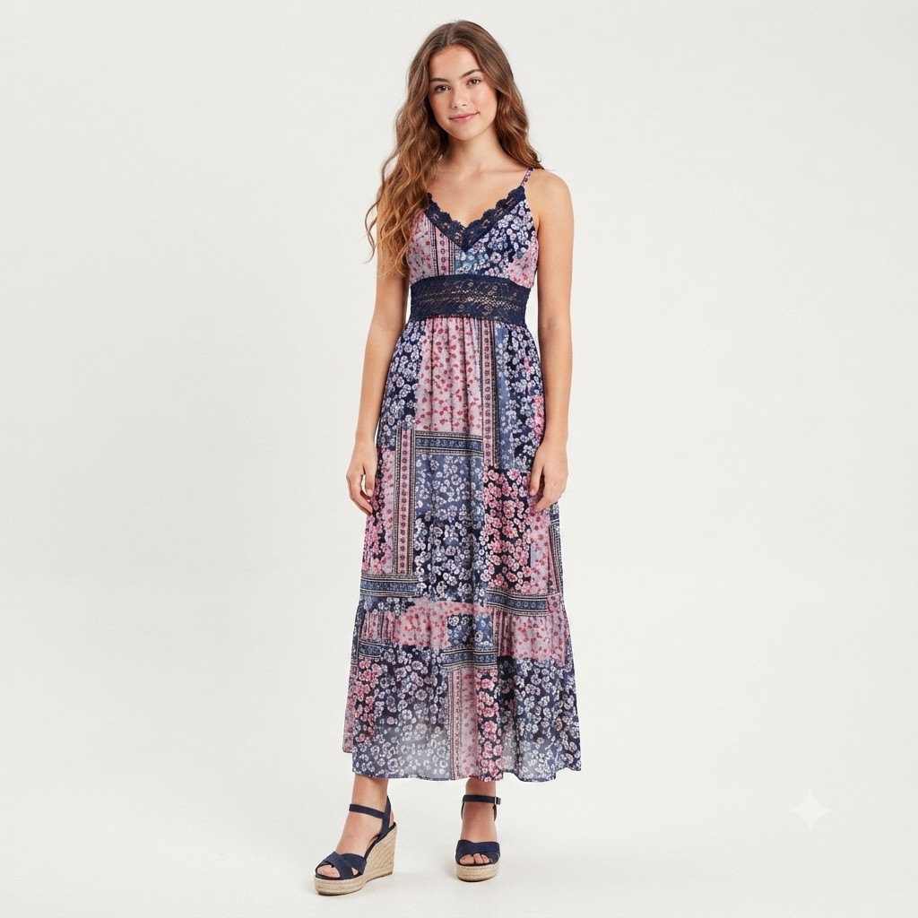 Juniors Angie Patchwork Crochet Lace Trim Maxi Slip Dress