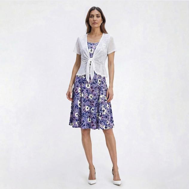 Womens Perceptions Short Sleeve Floral Eyelet Jacket Dress