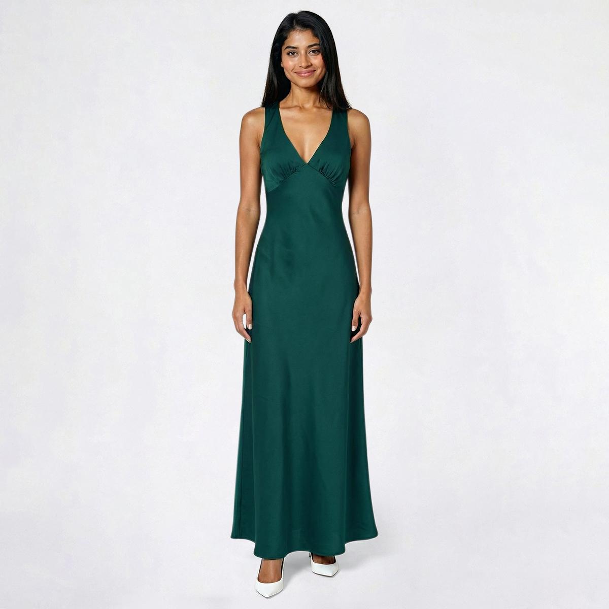 Juniors Crystal Doll Stretch Satin Cowl Back Midi A-Line Dress