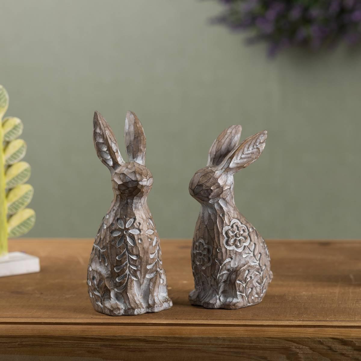 Melrose Floral Carved Rabbit Figurine - Set of 2