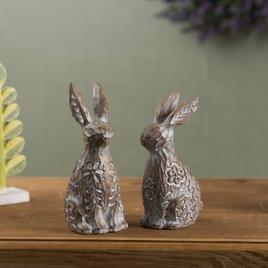Melrose Floral Carved Rabbit Figurine - Set of 2