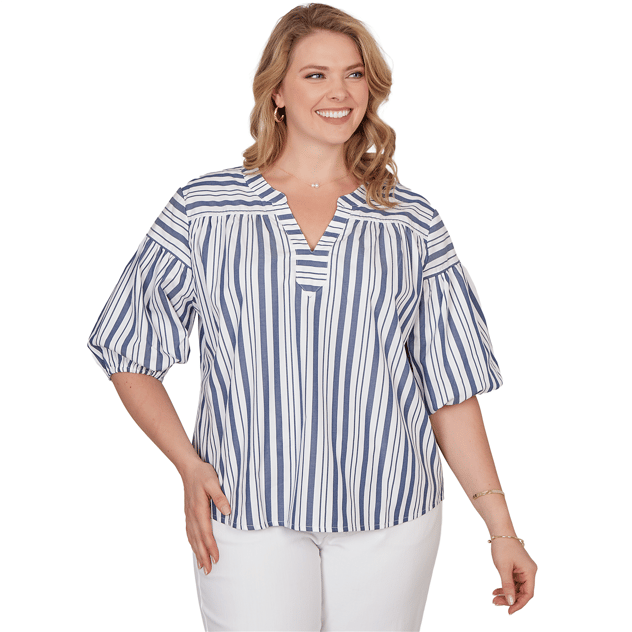 Plus Size Ruby Rd. French Riviera Elbow Puff Sleeve Stripe Blouse