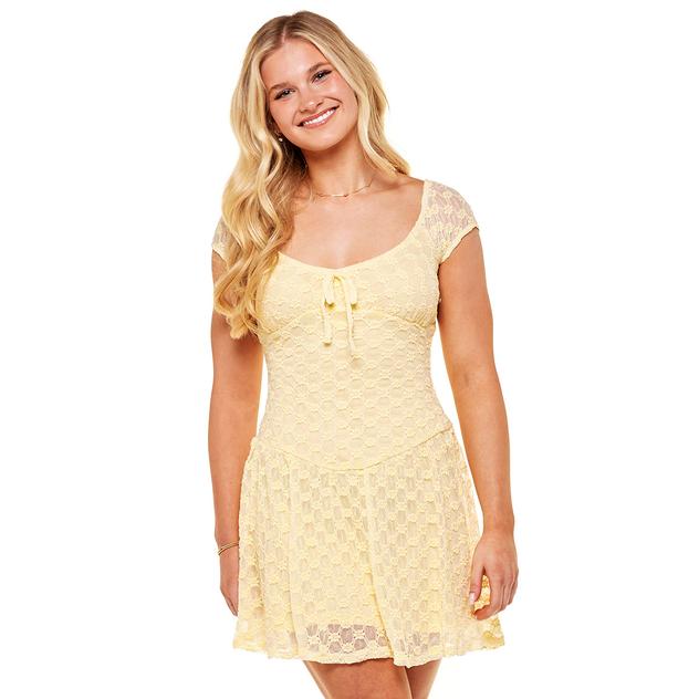 Juniors No Comment Floral Lace Front Tie Drop Waist Skater Dress