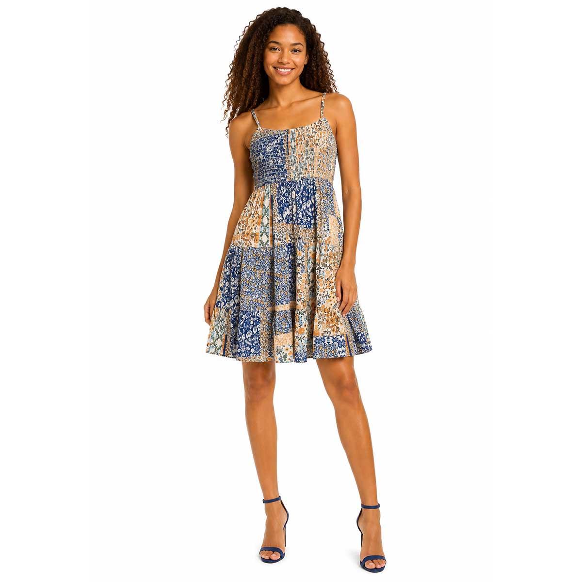Juniors Angie Smock Bodice Patchwork Print Skater Dress
