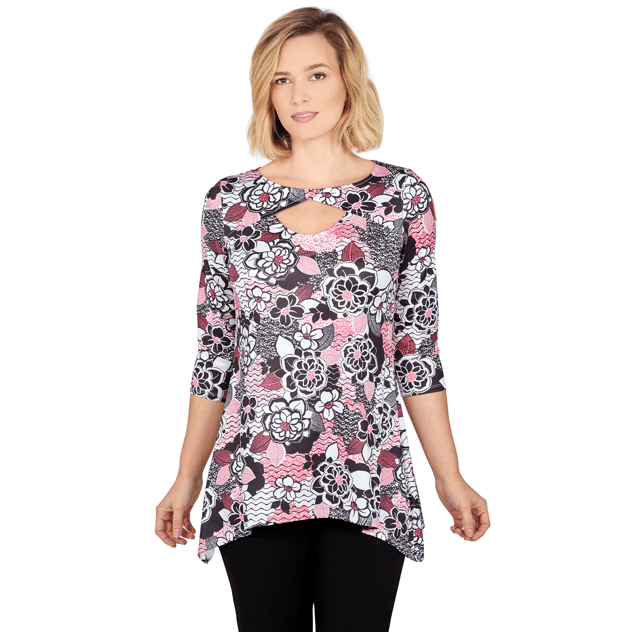 Plus Size Larky Lark 3/4 Sleeve Keyhole Neck Floral Stripe Blouse