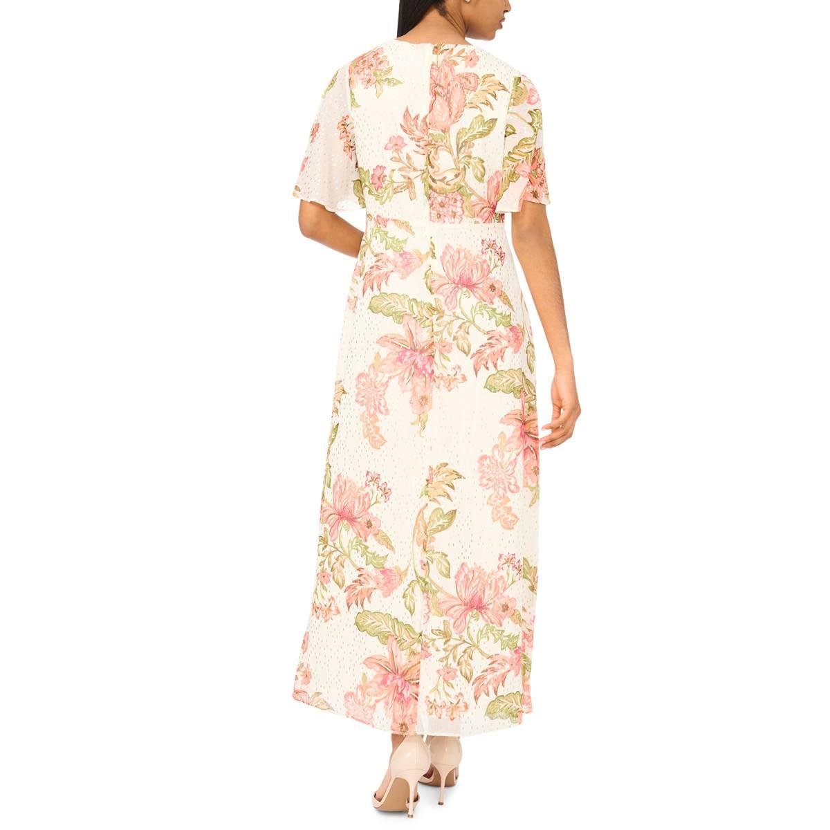Womens MSK Short Flutter Sleeve Surplice Neck Floral Midi Dress