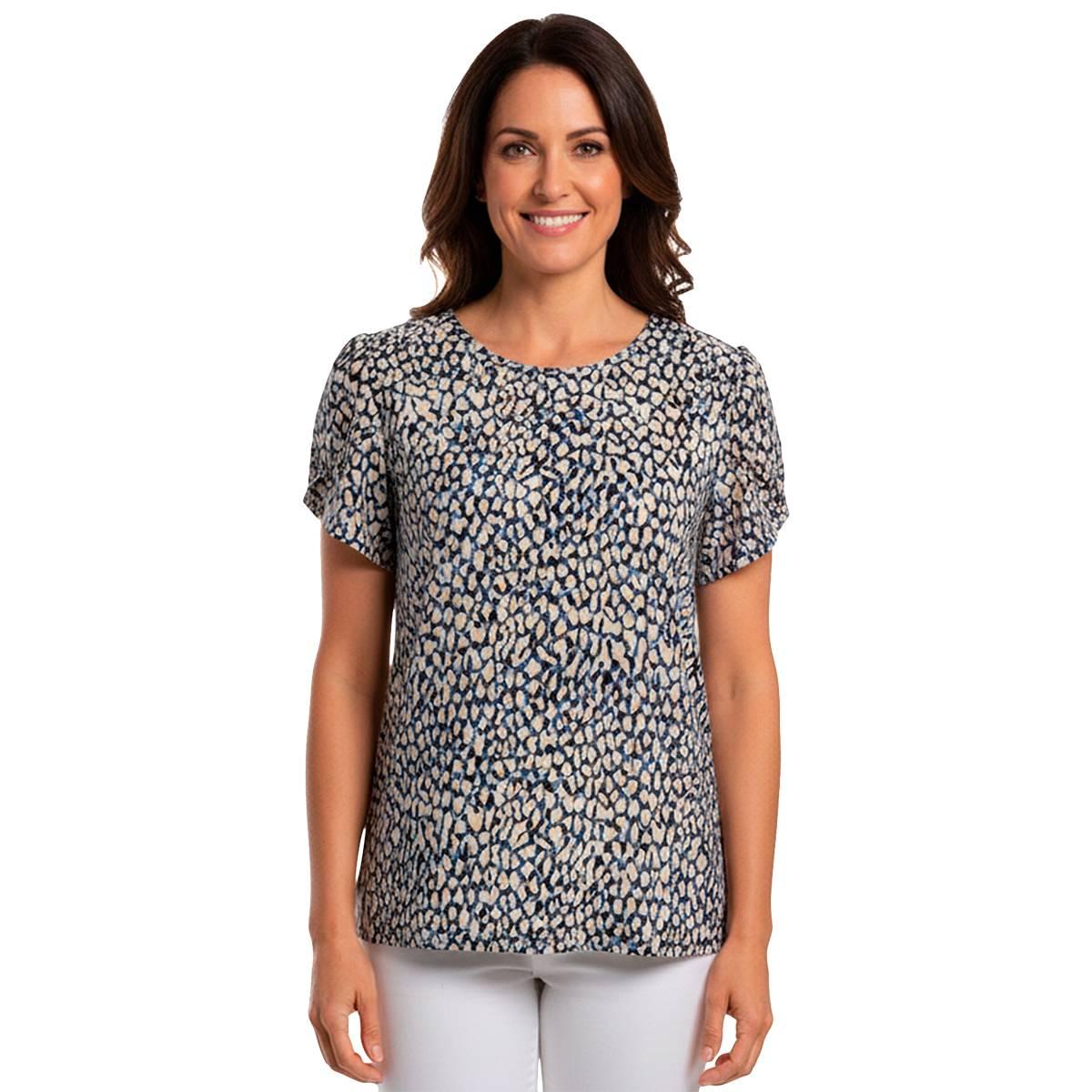 Womens AK Anne Klein Short Tulip Sleeve Abstract Leopard Blouse
