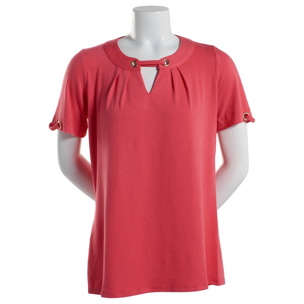Petite Notations Short Sleeve Keyhole Basic Knit Blouse