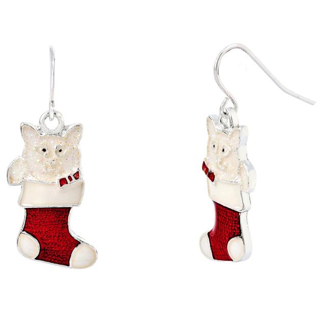 CZ Christmas Kitten Fishhook Earrings