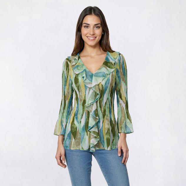 Womens Floral & Ivy 3/4 Sleeve Ruffle Neck Leaf Pleater Blouse