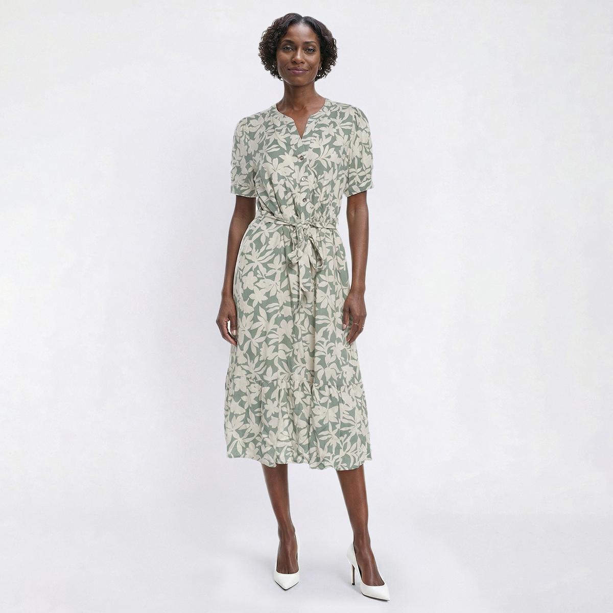 Womens Luxology Short Sleeve Tropical Linen Challis Midi Dress