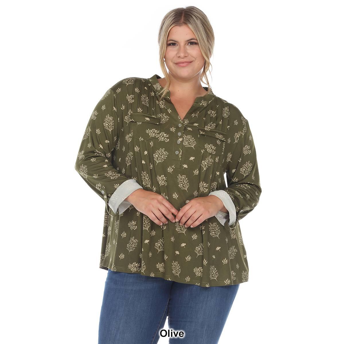 Plus Size White Mark Pleated Long Sleeve Leaf  Blouse
