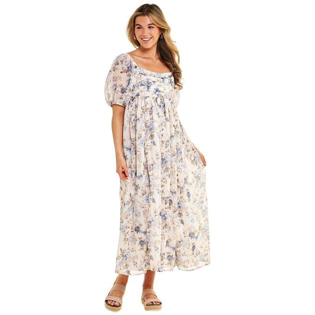 Juniors Wallflower Puff Sleeve Chiffon Pleated Bodice Maxi Dress