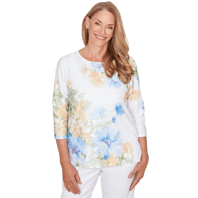 Petite Alfred Dunner Classics 3/4 Sleeve Floral Stripe Blouse