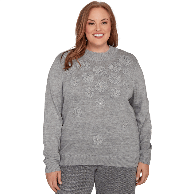 Plus Size Alfred Dunner Jet Setter Floral Stud Embroidery Sweater