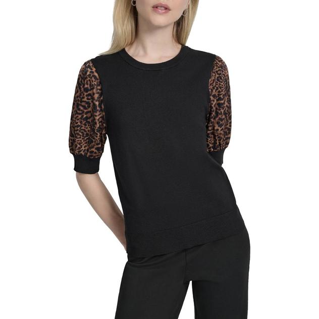 Womens DKNY Elbow Leopard Sleeve Mix Media Sweater