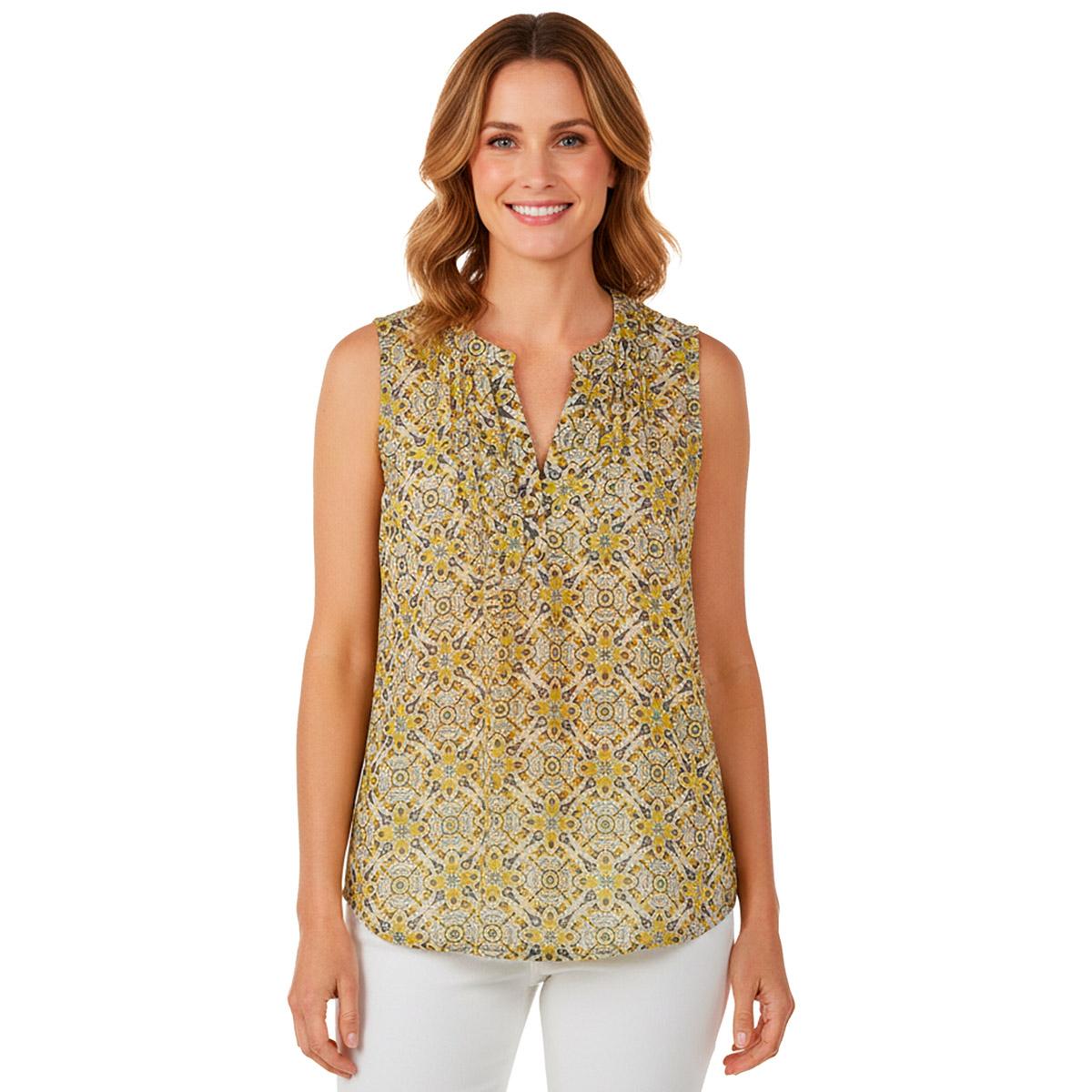 Womens Notations Sleeveless Abstract Knit Pleat Split Neck Blouse