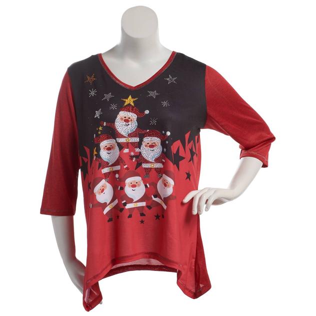 Plus Size Onque 3/4 Sleeve V-Neck Santa Claus and Stars Tee