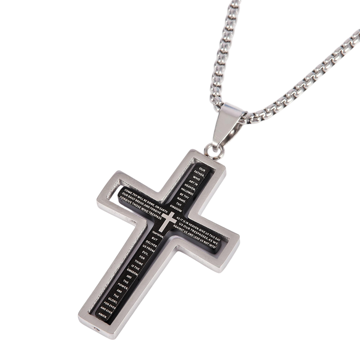 Mens Iron Saints Our Father Prayer Silver & Black Cross Necklace