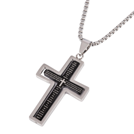 Mens Iron Saints Our Father Prayer Silver & Black Cross Necklace