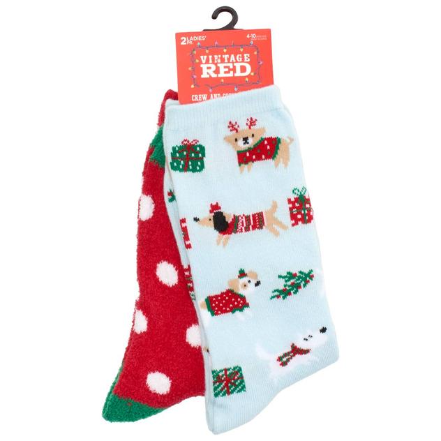 Womens Vintage Red 2Pk Dogs Cozy Crew Socks
