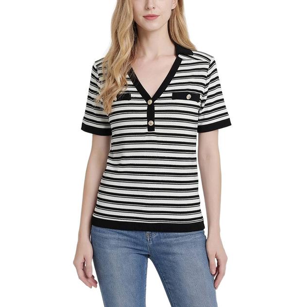 Womens NY Collection Short Sleeve Stripe Ribbed Sweater