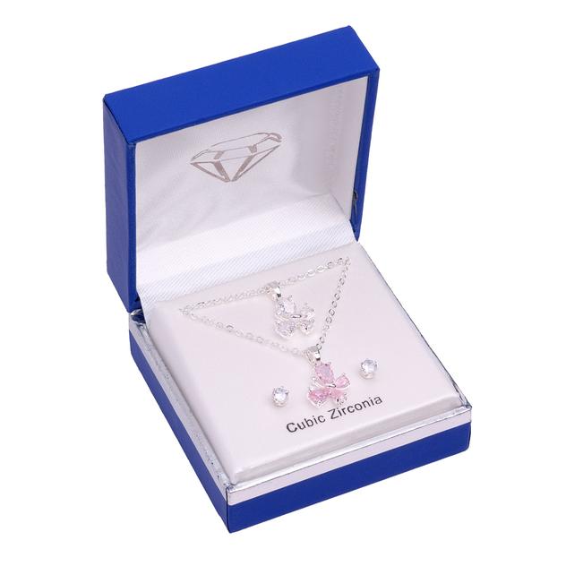 Silver-Tone CZ Layered Butterfly Necklace & Earring Set