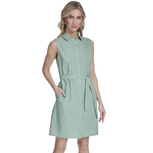 Womens Tommy Hilfiger Sleeveless Tie Waist Checkered Shirtdress