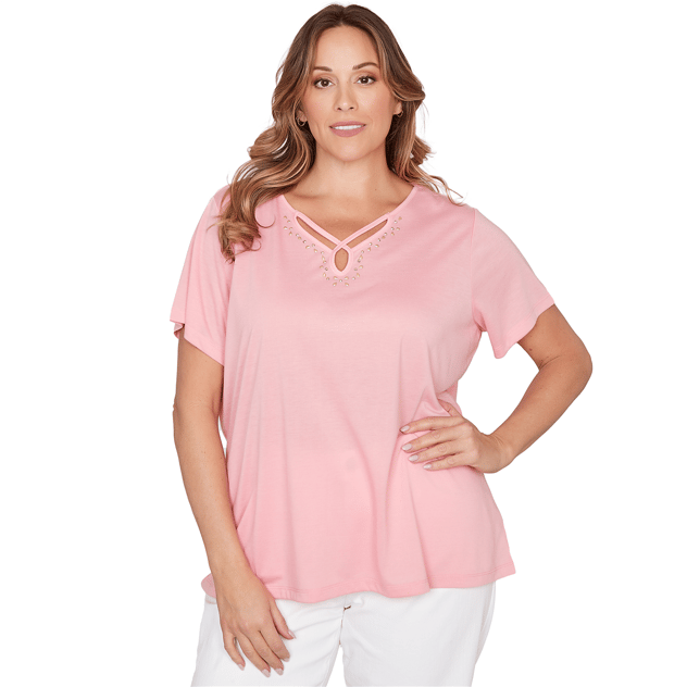Plus Size Hearts of Palm Bloom Service Keyhole Neck Solid Blouse